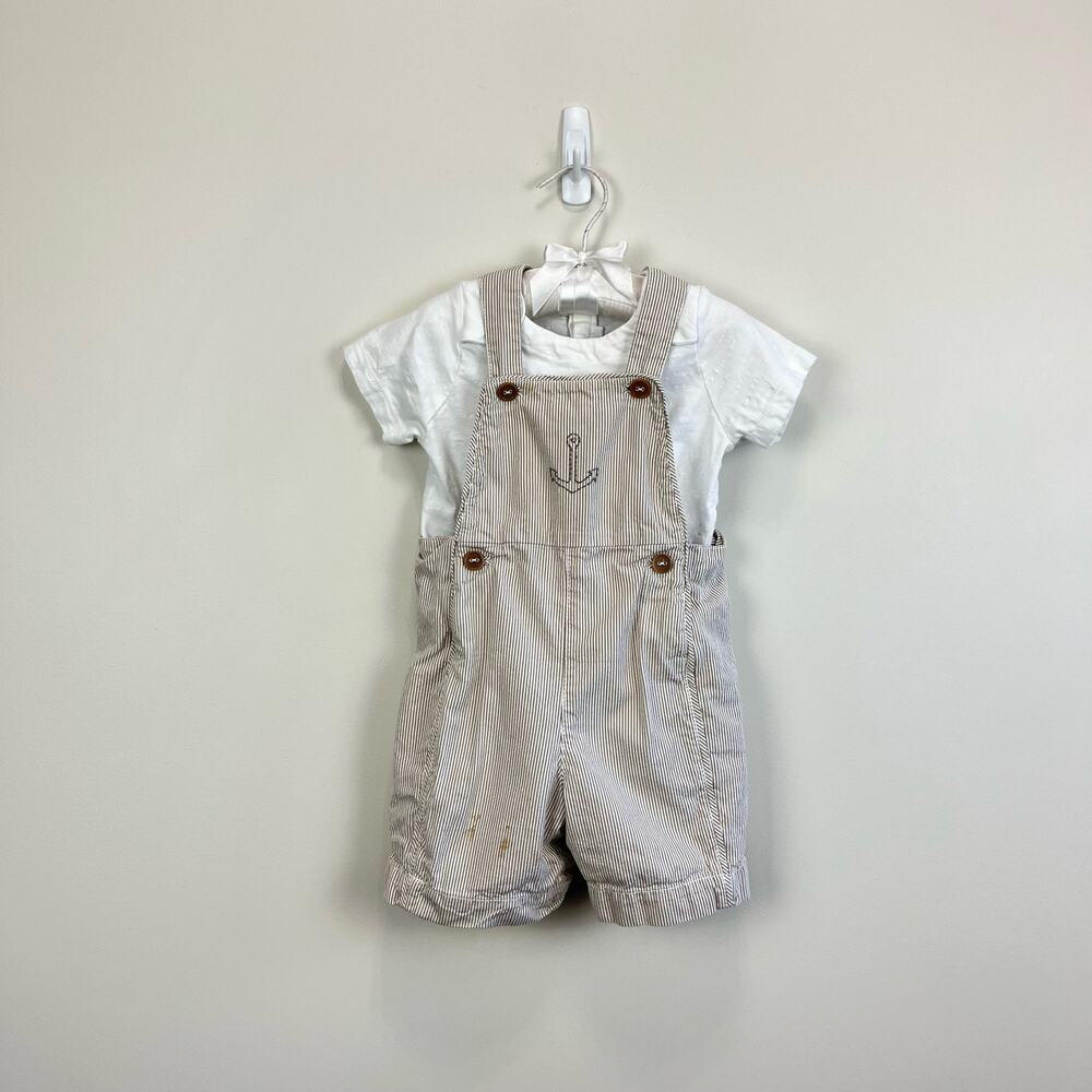 Jacadi Cream Striped Overalls with Anchor Detail
